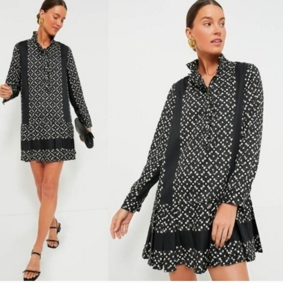 Tuckernuck Dresses & Skirts - Tuckernuck Black Geo Tate Dress XS Tencel Long Sleeve Drop Waist Mini Flirty New